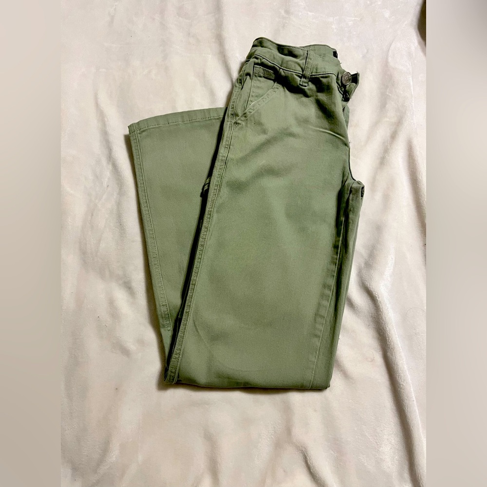 Army green flare/straight leg pants.